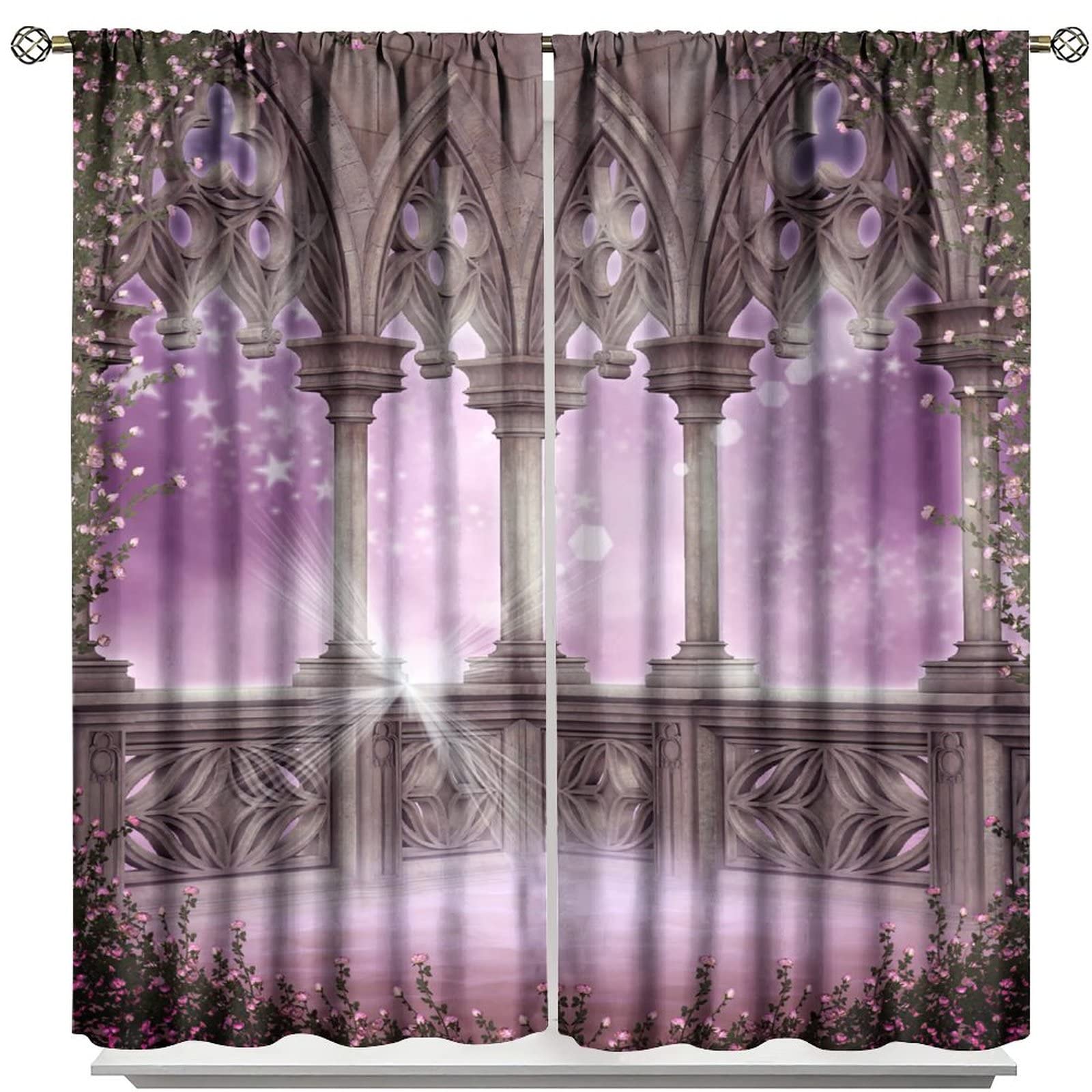 Gothic Castle Arch Curtains,Romantic Pink Roses Medieval Style Room Darkening Window Curtain Drapes for Living Room Bedroom Dining Room W55xL63in
