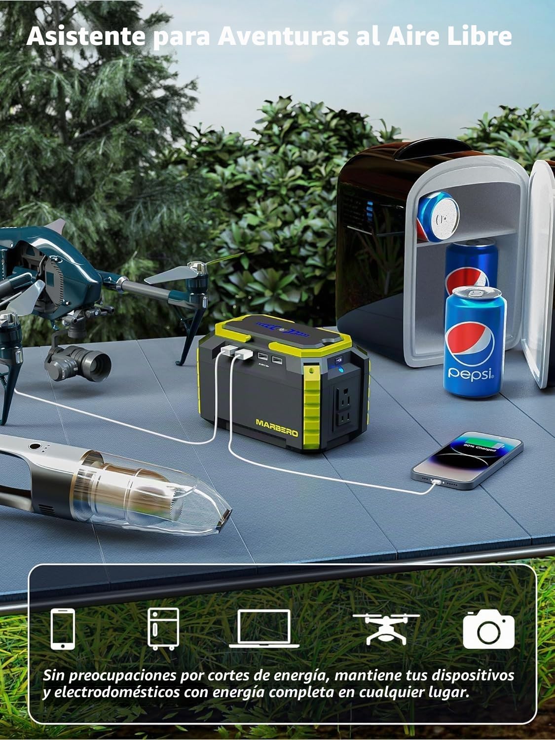 MARBERO - Generador solar de 150 W con panel solar incluido, alimentación para camping, 150 Wh con panel plegable de 30 W para exteriores, autocaravana, pesca, emergencia