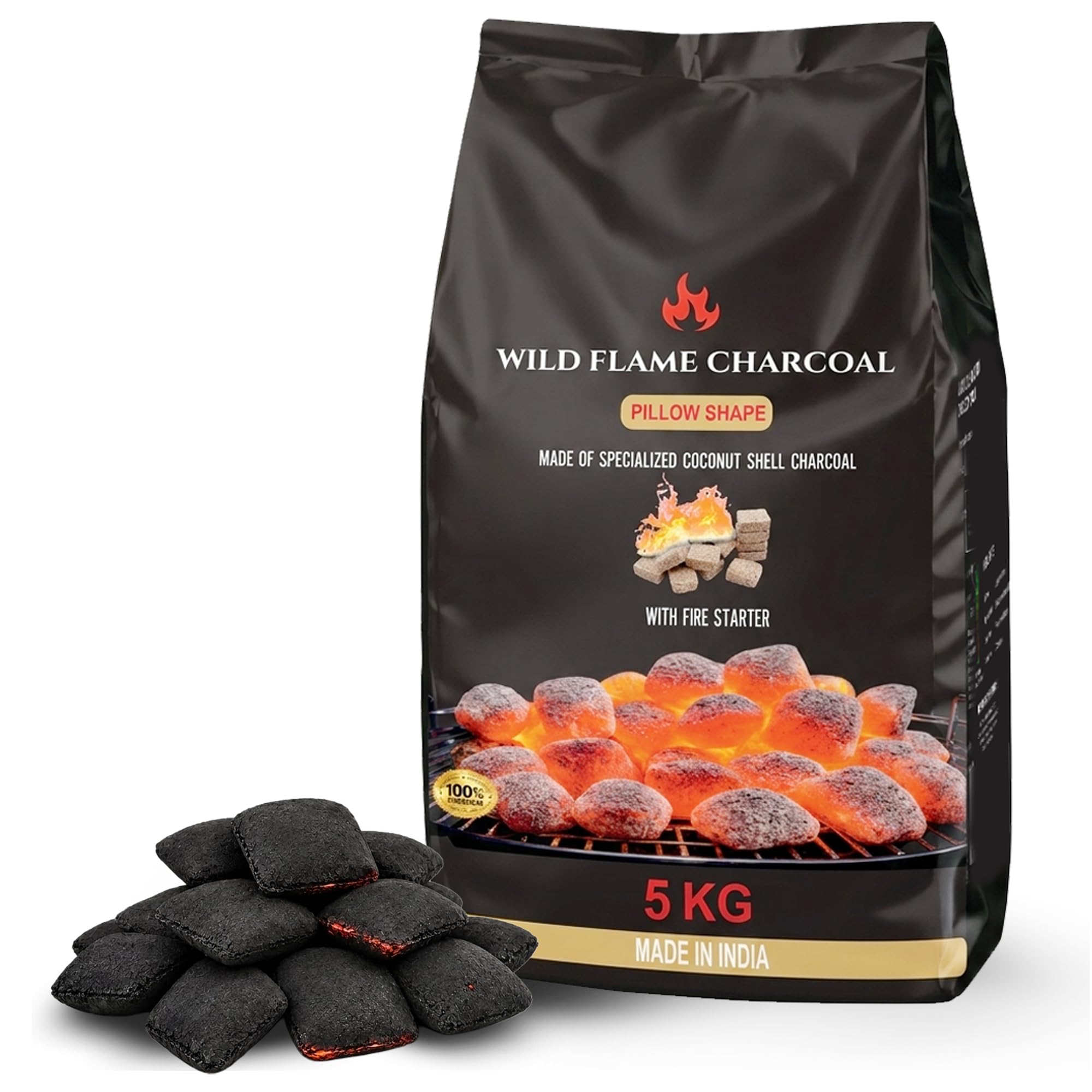 IBELL Wild Flame Charcoal Briquettes for Barbecue (5 kg) with Fire Starter Cubes | Premium Coconut Shell Charcoal | Long Burning, High Heat, Low Smoke, Low Ash | Ideal for BBQ, Grilling & Camping-image-1