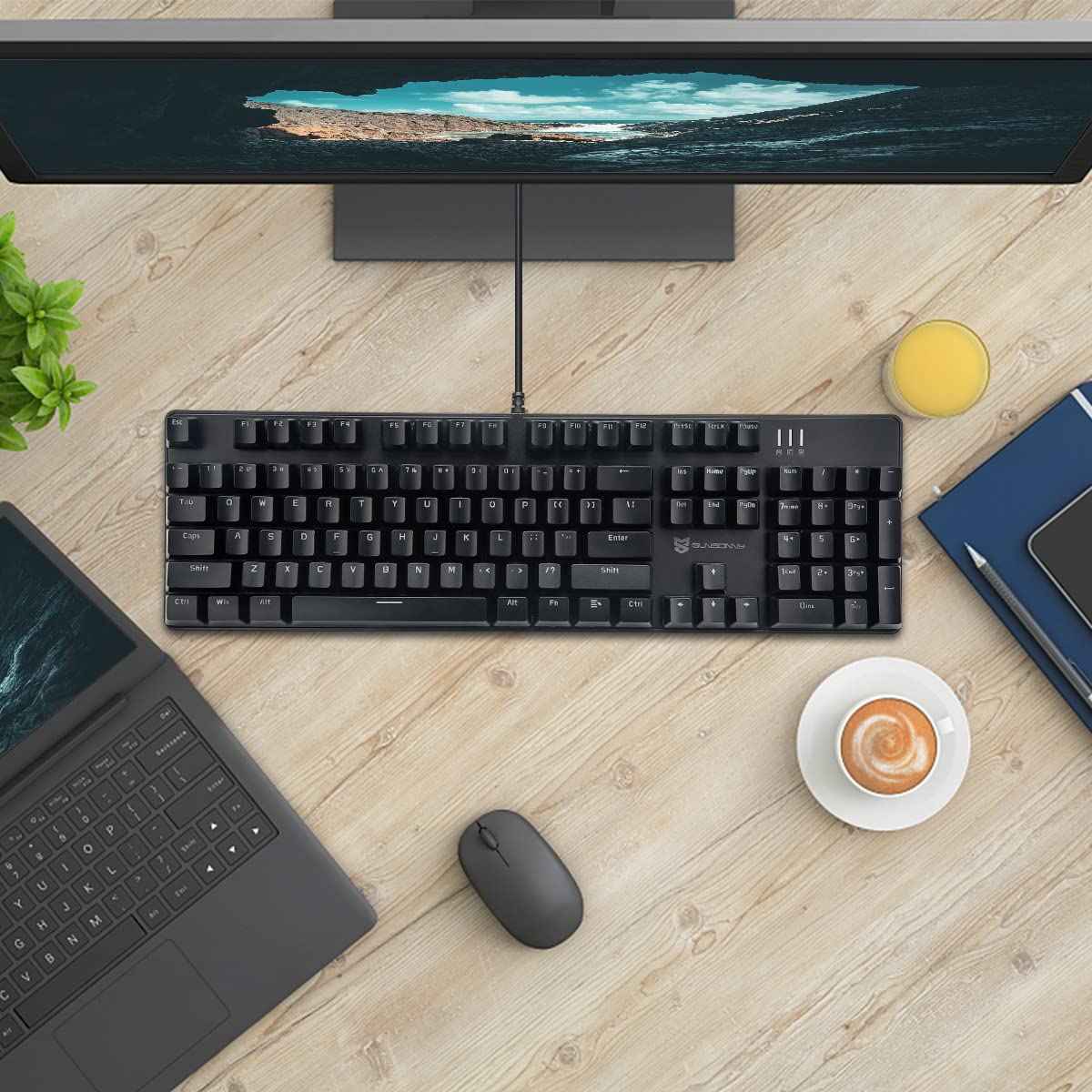 Qisan Teclado mecánico para juegos, retroiluminación LED, negro, 104 teclas, diseño americano, interruptor azul extraíble, USB-A