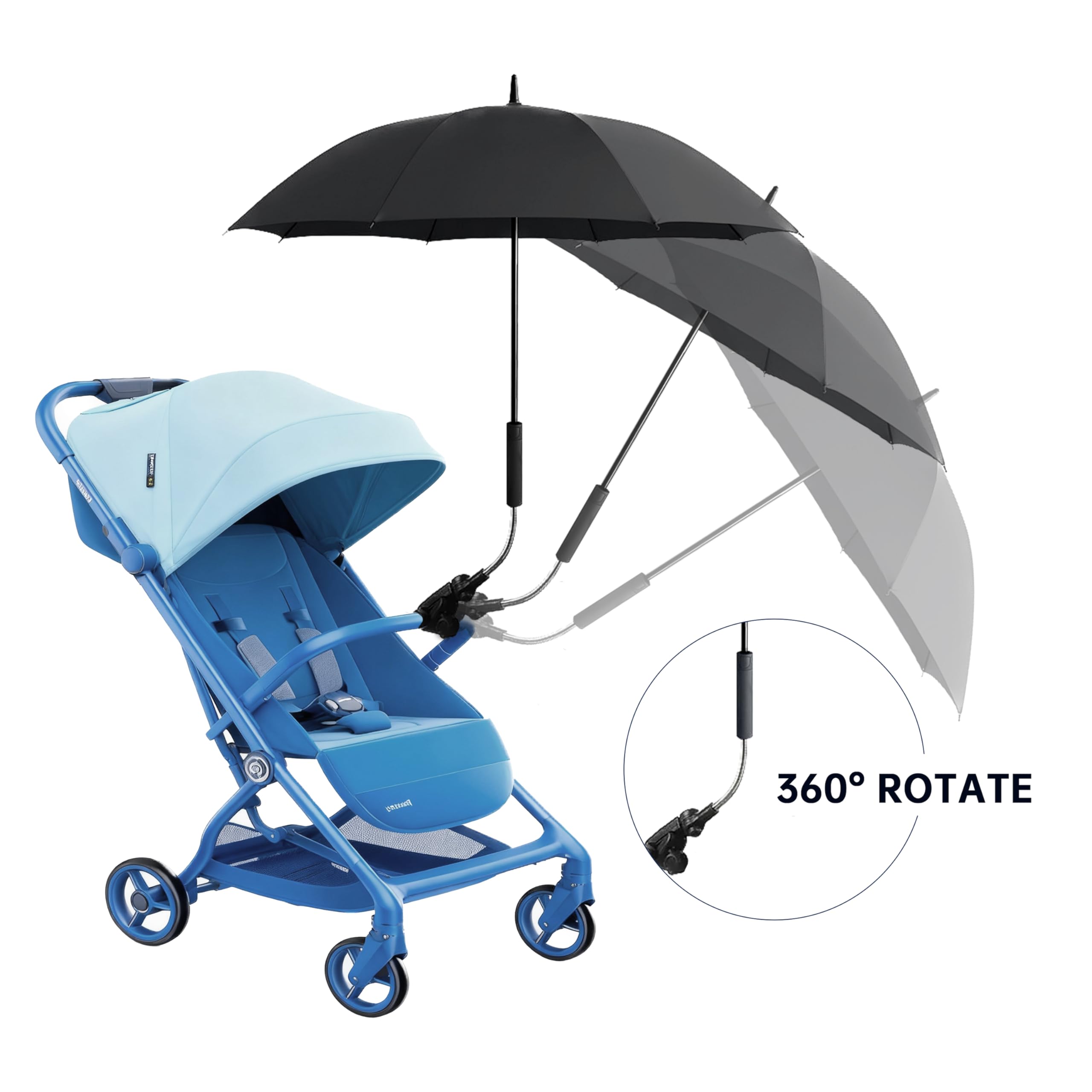 Alephnull Ombrello universale 2 in 1 con adattatore: passeggino e ombrello compatibile con tutti i modelli, protezione UV (nero, 100 cm)
