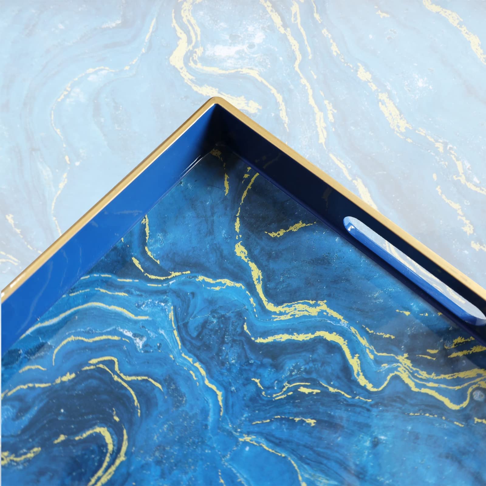 Leemxiiny Blue Marbling Decorative Tray with Handles, Morden Plastic Rectangular Serving Tray for Coffee Table, Bathroom, Ottoman, Home Decor, 15.7"* 10.2"* 1.38"