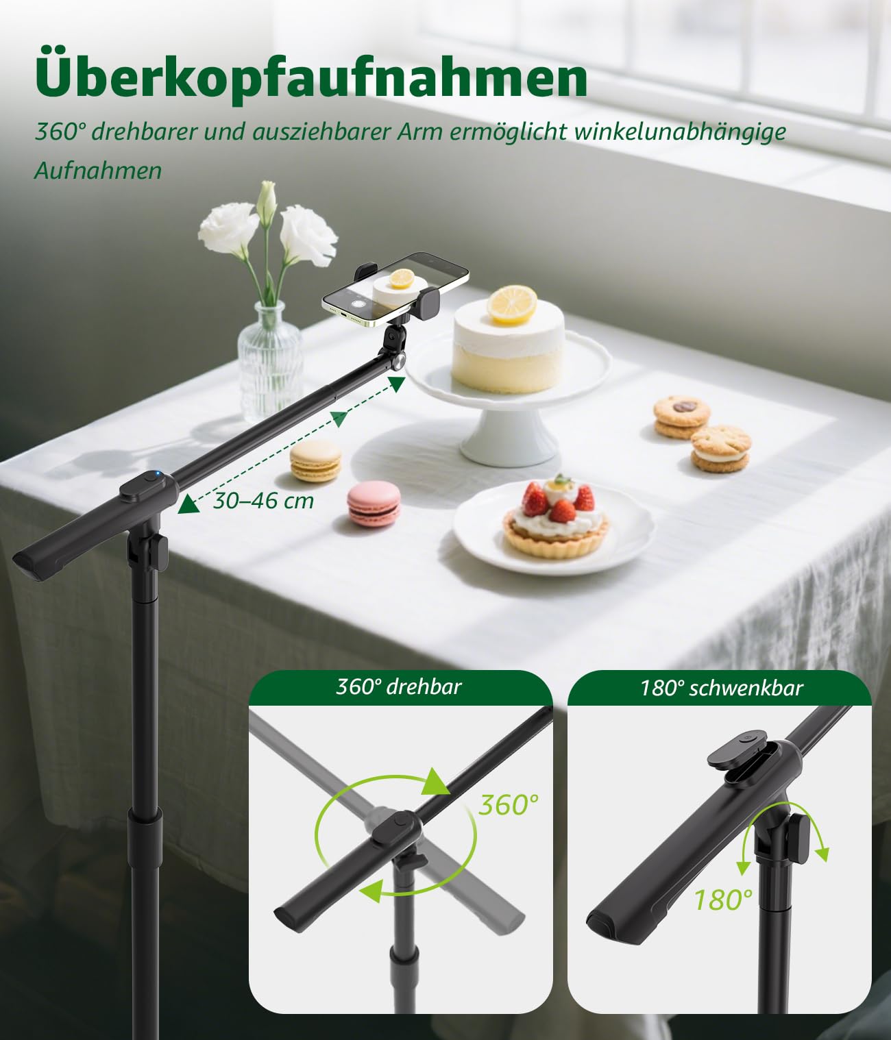 Treppiede per cellulare, 157 cm, supporto per iPhone con braccio estensibile a 360°, telecomando e supporto per cellulare, supporto orizzontale per iPhone 17/16/15/registrazione video/streaming