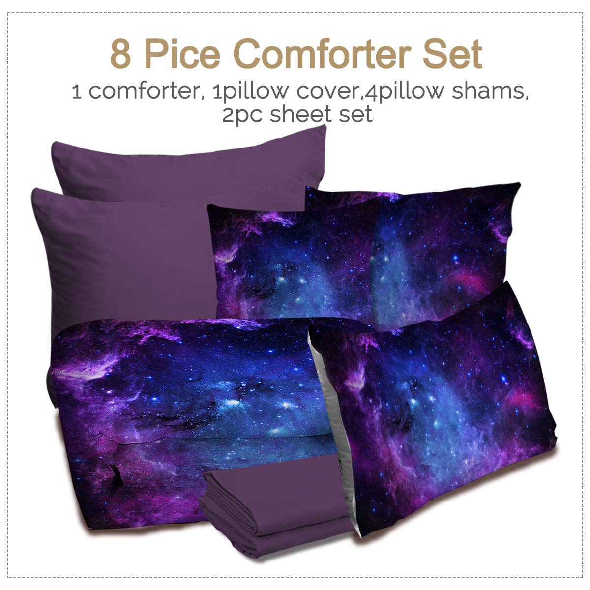 BlessLiving 8-Piece Galaxy Comforter for King Bed Boys Comforter Set Bed in A Bag Purple Blue - 1 Reversible Comforter, 2 Pillow Shams, 1 Flat Sheet, 1 Fitted Sheet, 1 Cushion Cover, 2 Pillowcases