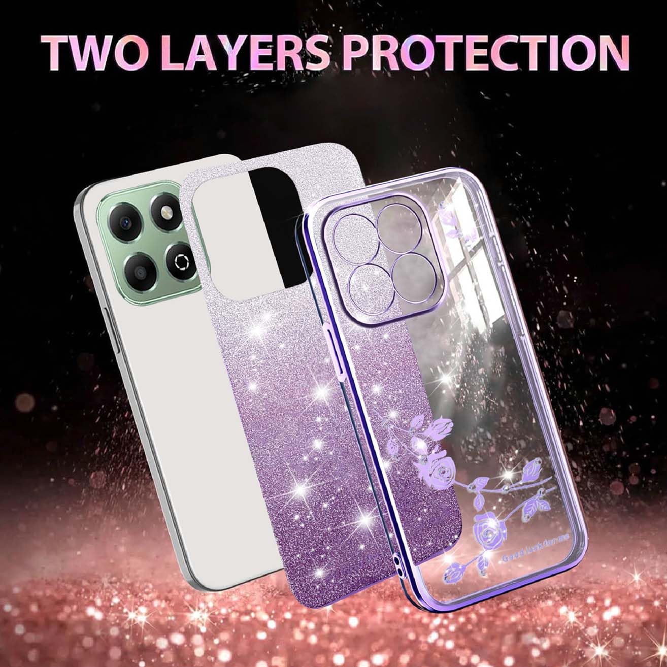 YUEQIAN Cover Glitterata Con Specchio Per Honor X6b 4G – Custodia Antiurdo TPU Con Supporto, Rosa Brillantini - 6