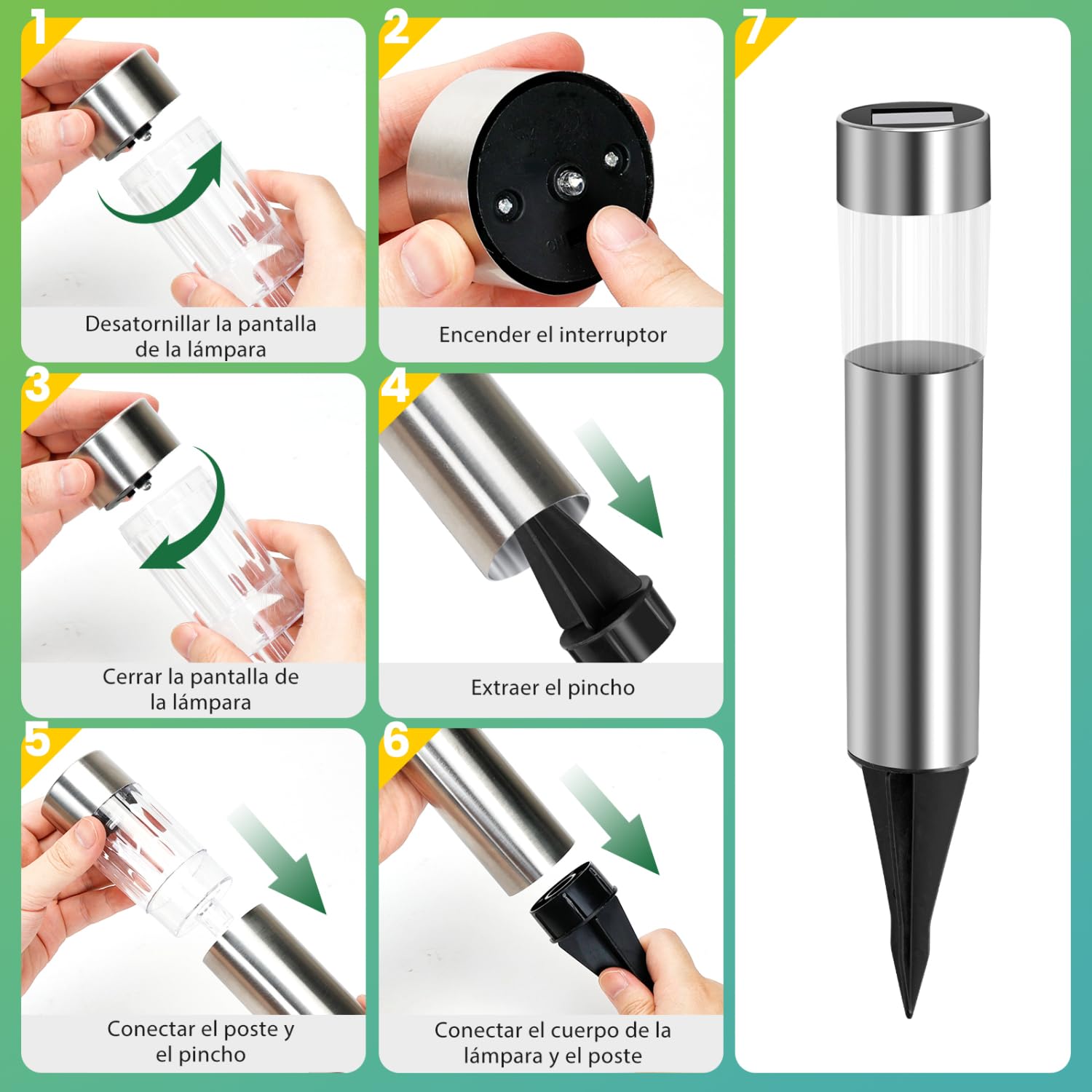 Aigostar 12Uds Luces Solares Jardin Pincho, Acero Inoxidable, IP44, Luz Fría 6500K, Luz Solar Exterior Jardin para Terraza Césped Patio Pasillo H31.5cm