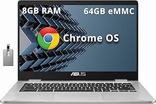 ASUS C423NA Chromebook 14" HD Laptop, Intel Celeron N3350 Processor, 8GB RAM, 64GB eMMC Flash Memory, Intel HD Graphics, HD Webcam, Stereo Speakers, Chrome OS, Silver (Renewed)