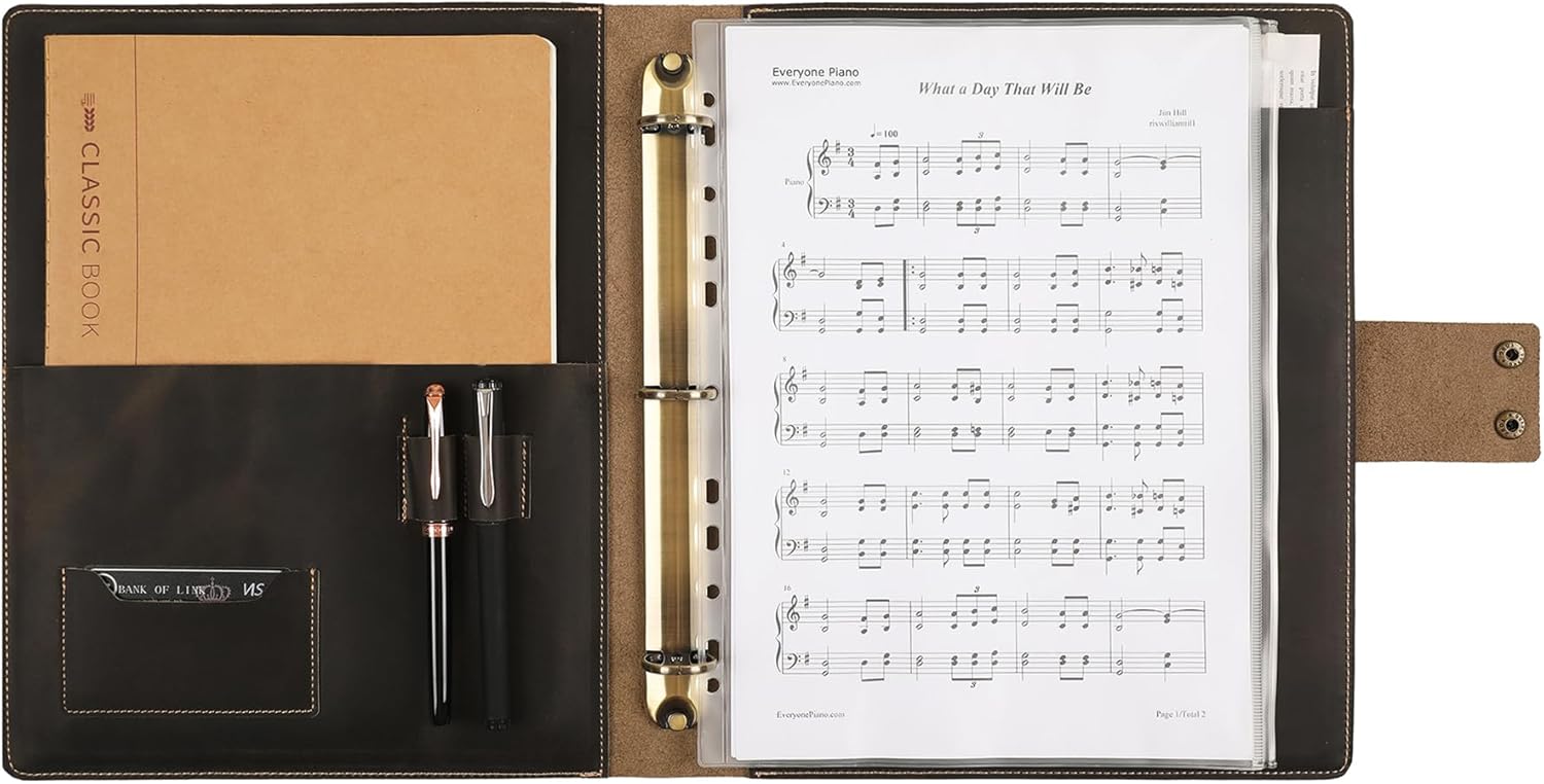 Handmade Leather Music Folder, Sheet Music Binder Personalized Music Holder, Leather Binder 3-Ring for 8.5x11 Music Sheet with Clear Sheet Protectors, Grey