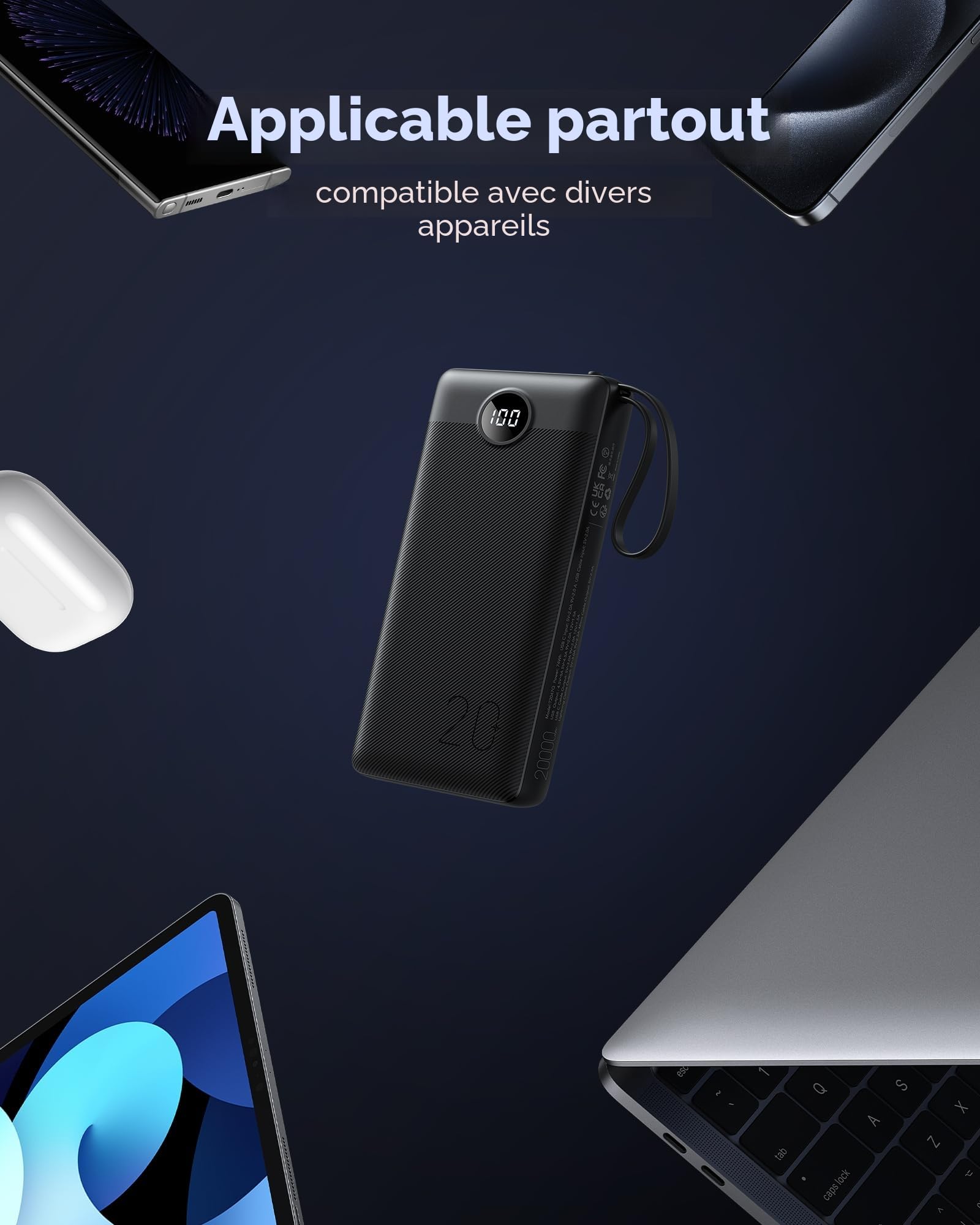 VRURC Batterie Externe 20000mAh QC 22.5W Power Bank Cable intégré, USB C Charge Rapide LED Chargeur Portable avec 4 Sorties et pour iPhone13/12/11/X/8, Samsung Huawei Xiaomi Tablet