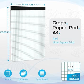 Graph Paper Pads 6 Pack Grid Pads, 4x4 Grid Paper, 30 Sheets, Squared Paper | 4x4 Quad Grid, Thick Paper, Lined Paper Smooth Writing, Clean Tear-Off, Ink Bleed Resistant, Double-Sided, Precision Grid