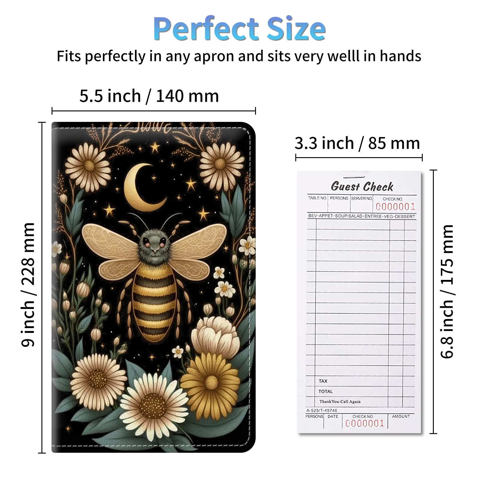 Bee Flower Server Books for Waitress, PU Leather Waitress Book Server Wallet with Elastic Bandage Closure, Organizer with Zipper Pocket 11 Money Pocket Fit Server Apron