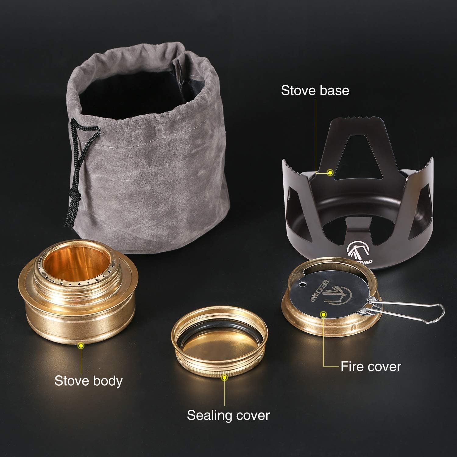 REDCAMP Mini Alkohol Herd für Backpacking, Camping Herd Leichter Messing Spirit Brenner mit Aluminiumständer für Camping Wandern, Alkohol Kocher schwarz