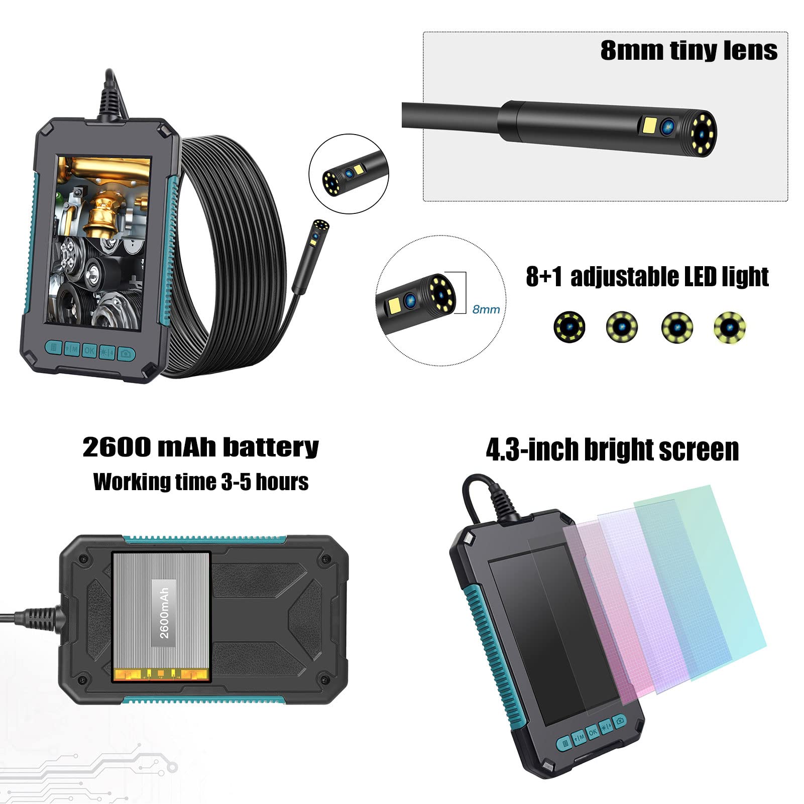Telecamera Endoscopica 2 Metri, Telecamere di Ispezione 4.3 Pollici Schermo IPS 9 LED Regolabili Impermeabile IP67 Sonda Endoscopica con Telecamera Boroscopio Snake Scheda TF da 32 GB