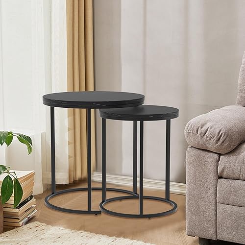 Miniatura 2 de JCWH Mesa auxiliar anidable negra, mesa auxiliar redonda de mármol sintético S2, mesa de noche apilable Morden, con patas de metal ajustables para