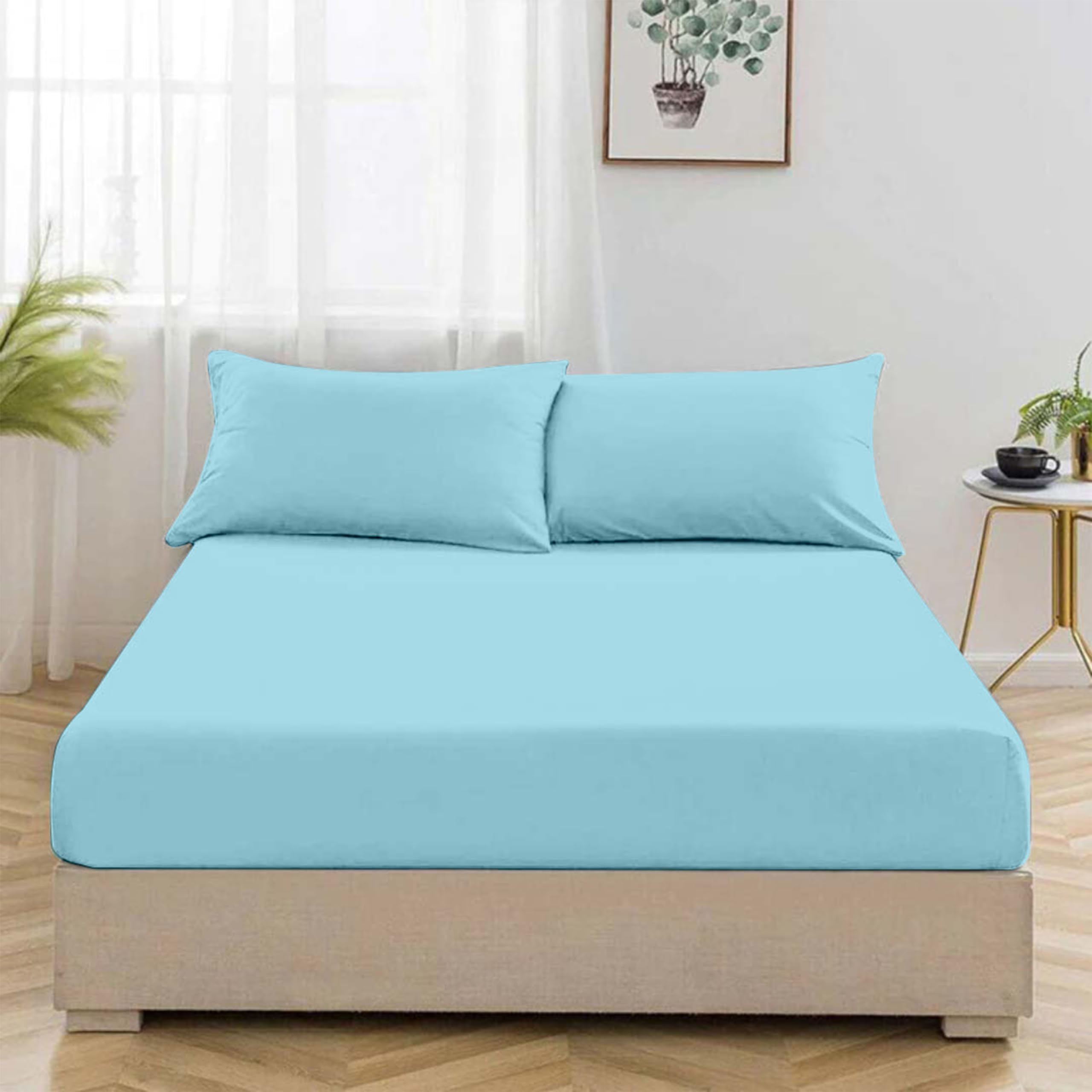 EGYPTO Percale King Size Fitted Sheet - 40-CM Extra Deep with All-Around Elastic - Breathable, Wrinkle Resistant, Anti-Allergy Bed Sheet (King Bed, Aqua)