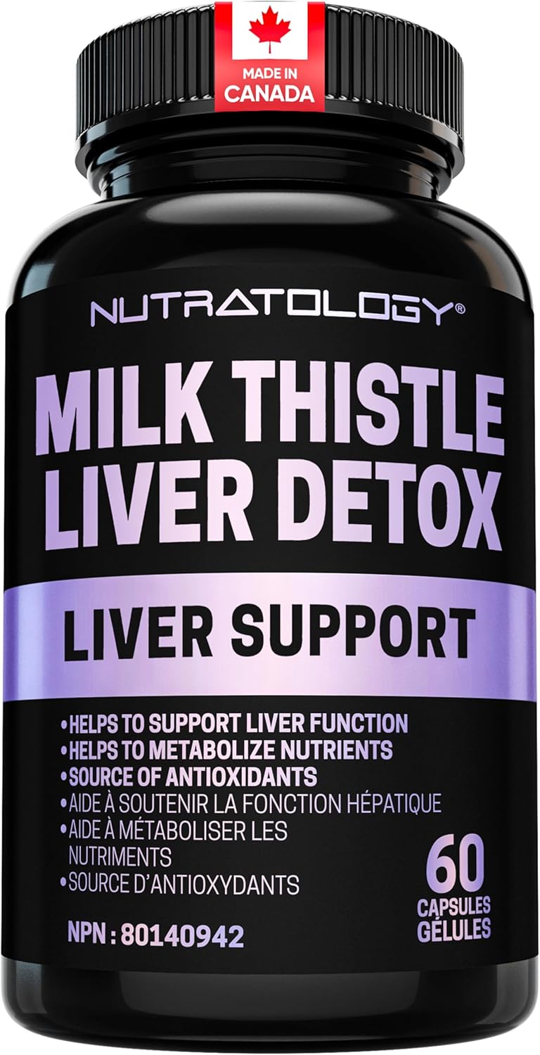 Nutratology® Milk Thistle Liver Detox Supplement | Canadian Made | Helps Support Liver Function | Formulated With Milk Thistle Extract, Artichoke, Dandelion & Turmeric For Maximum Efficacy - 60 Caps