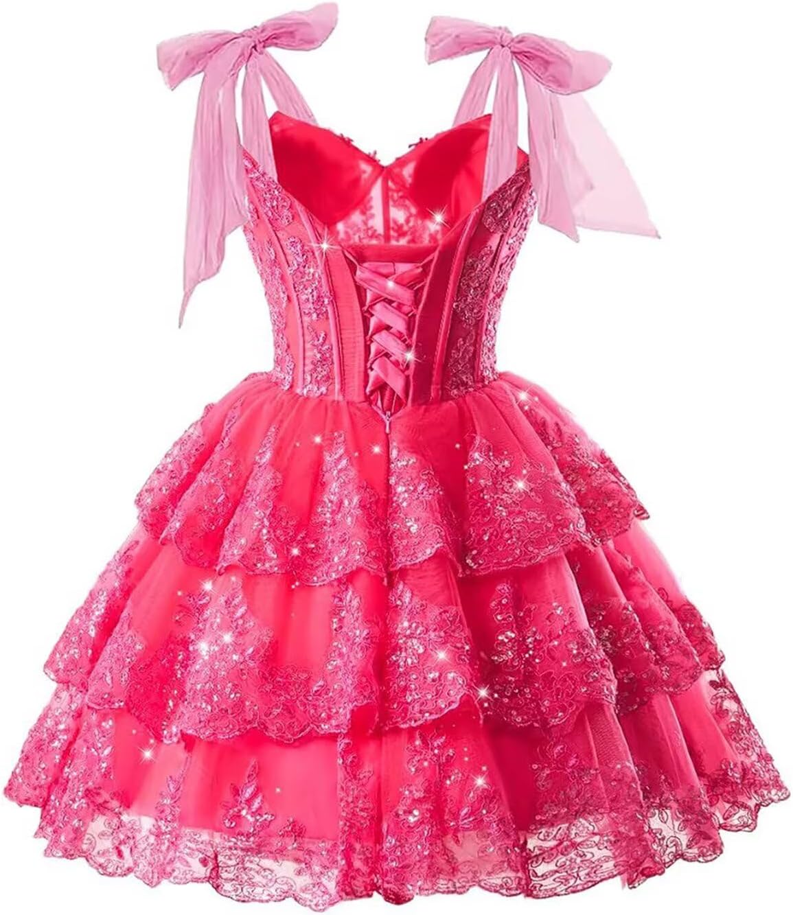 Sparkly Lace Sequin Homecoming Dresses for Teens Short 2026 Bow Straps Corset Tiered Tulle Cocktail Gowns - Image 4
