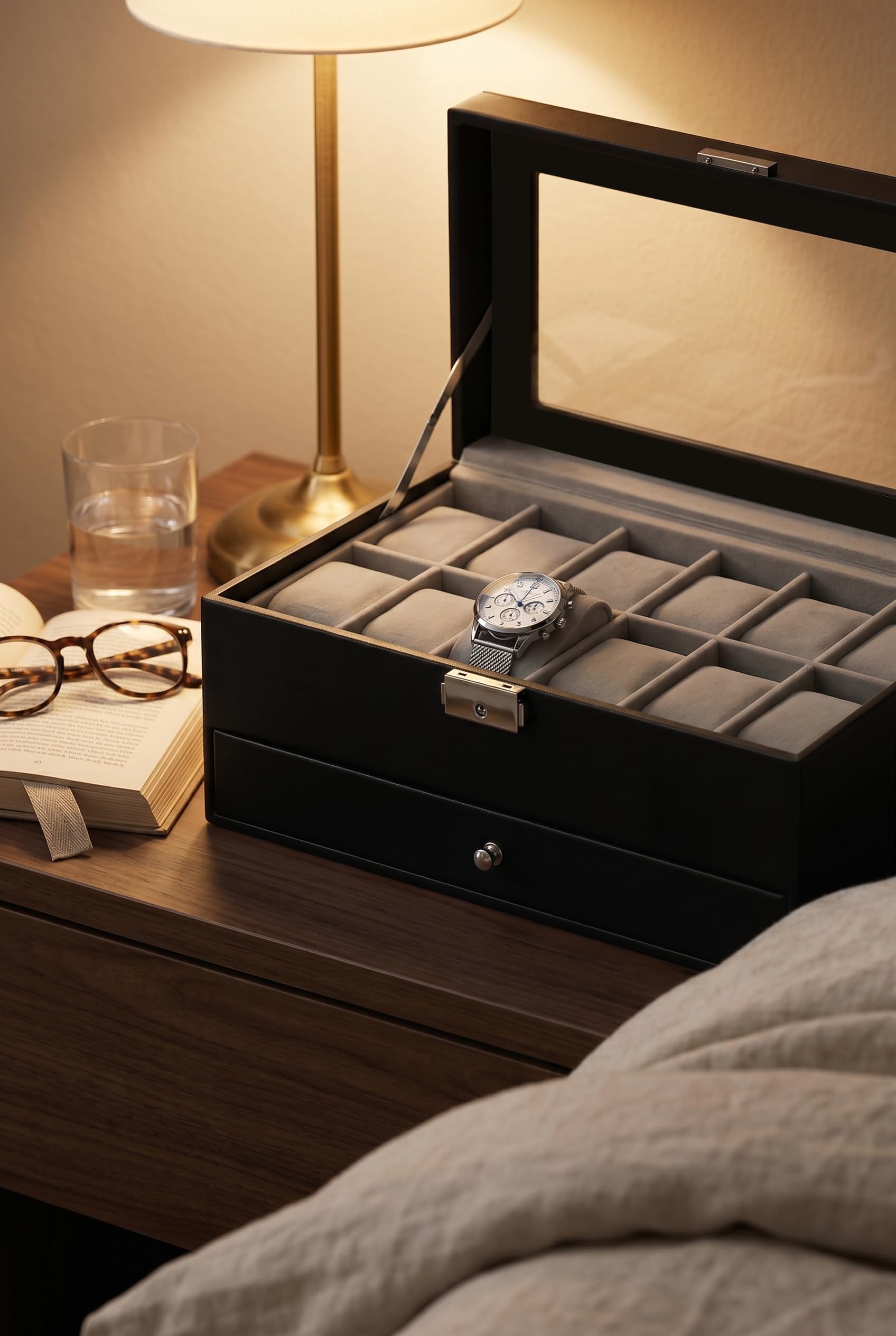 GUKA Caja de reloj con 12 ranuras, organizador de exhibición de relojes de cuero, caja de joyería con cajón de cristal para hombres y mujeres, niños, marido, papá