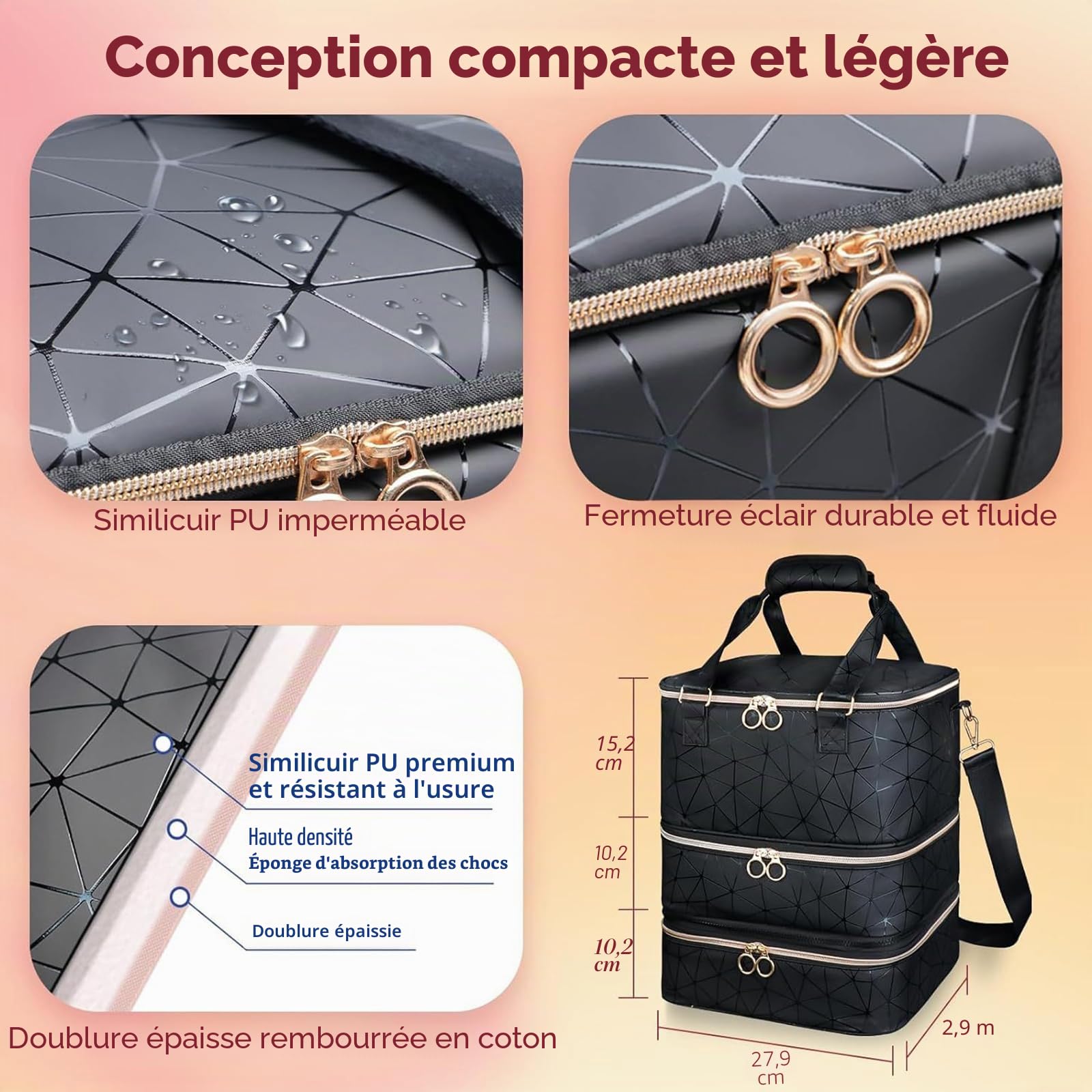 Sac Organisateur pour Vernis à Ongles, Trousse de Rangement à 3 Couches pouvant contenir 84 flacons et Une Lampe à Ongles, Grand Sac à bandoulière pour Outils de manucure (Motif géométrique)