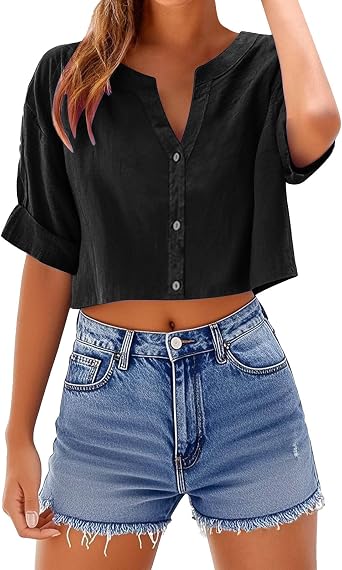 Linen Crop Tops for Women V Neck Roll Up Button Down Short Sleeve Cotton Shirts 2026 Summer Trendy Casual Blouses