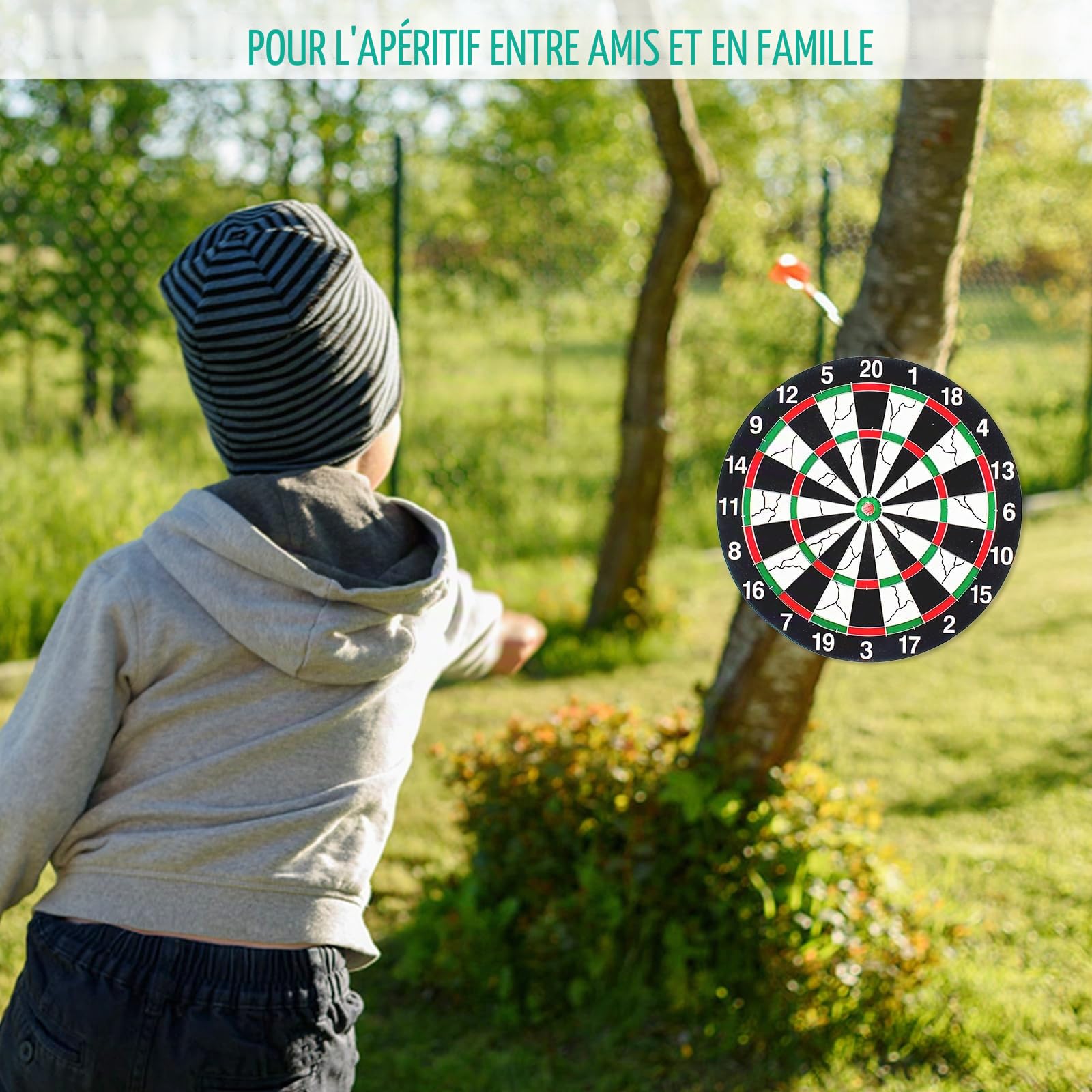 Cible de Fléchettes Professionnelle 30 x 30 cm en Acier Sisal et Liège - Jeu Classique Avec 10 Fléchettes