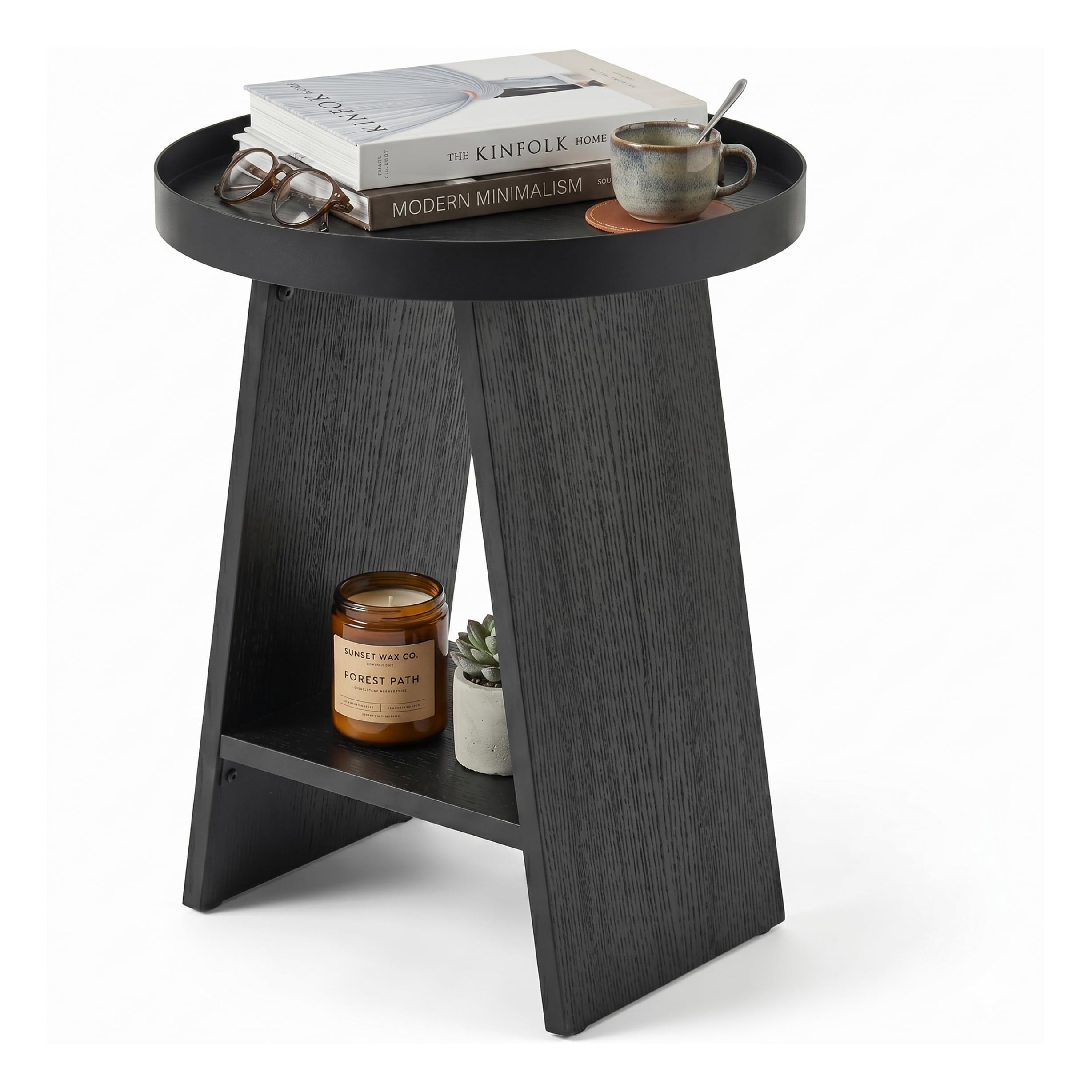 ZEXVIDA Round End Table with Tray Top, 2-Tier Rustic Side Table with Storage Shelf, Modern Farmhouse Industrial Wood Nightstand for Living Room, Bedroom, Small Spaces (Black)