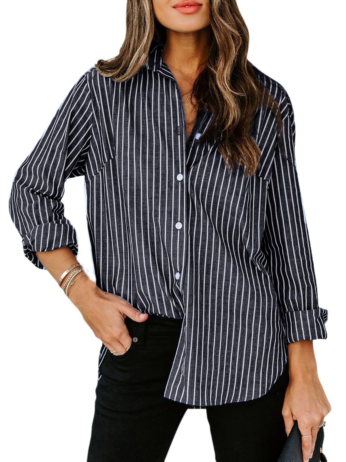 Aoudery Womens Button Down Shirts Cotton Striped Dress Shirt Long Sleeve