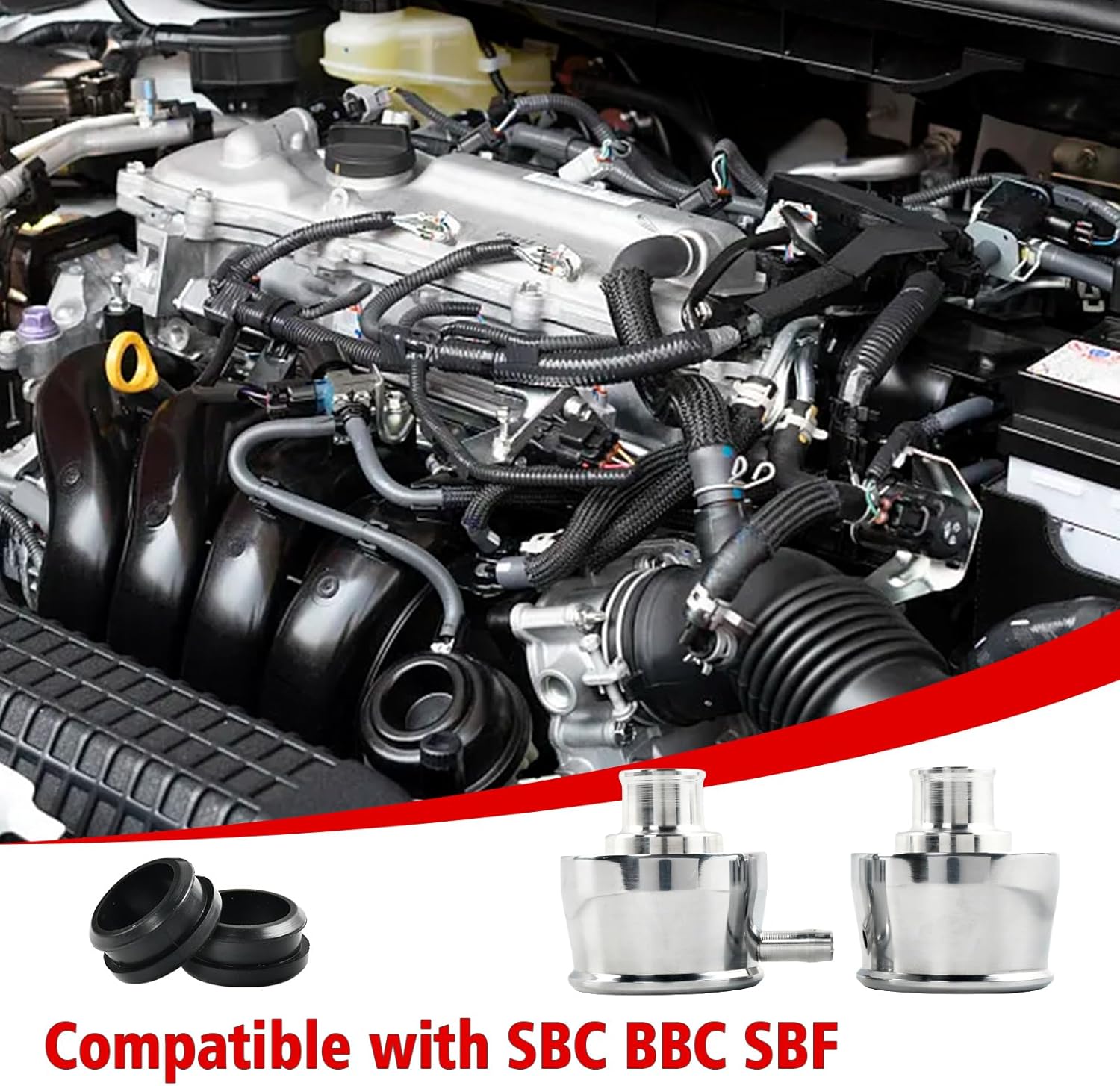 Silver Aluminum Smooth Valve Cover & Breather Combo with 2 Grommets Compatible with SBC BBC SBF For 1-1/4" Hole-2PC