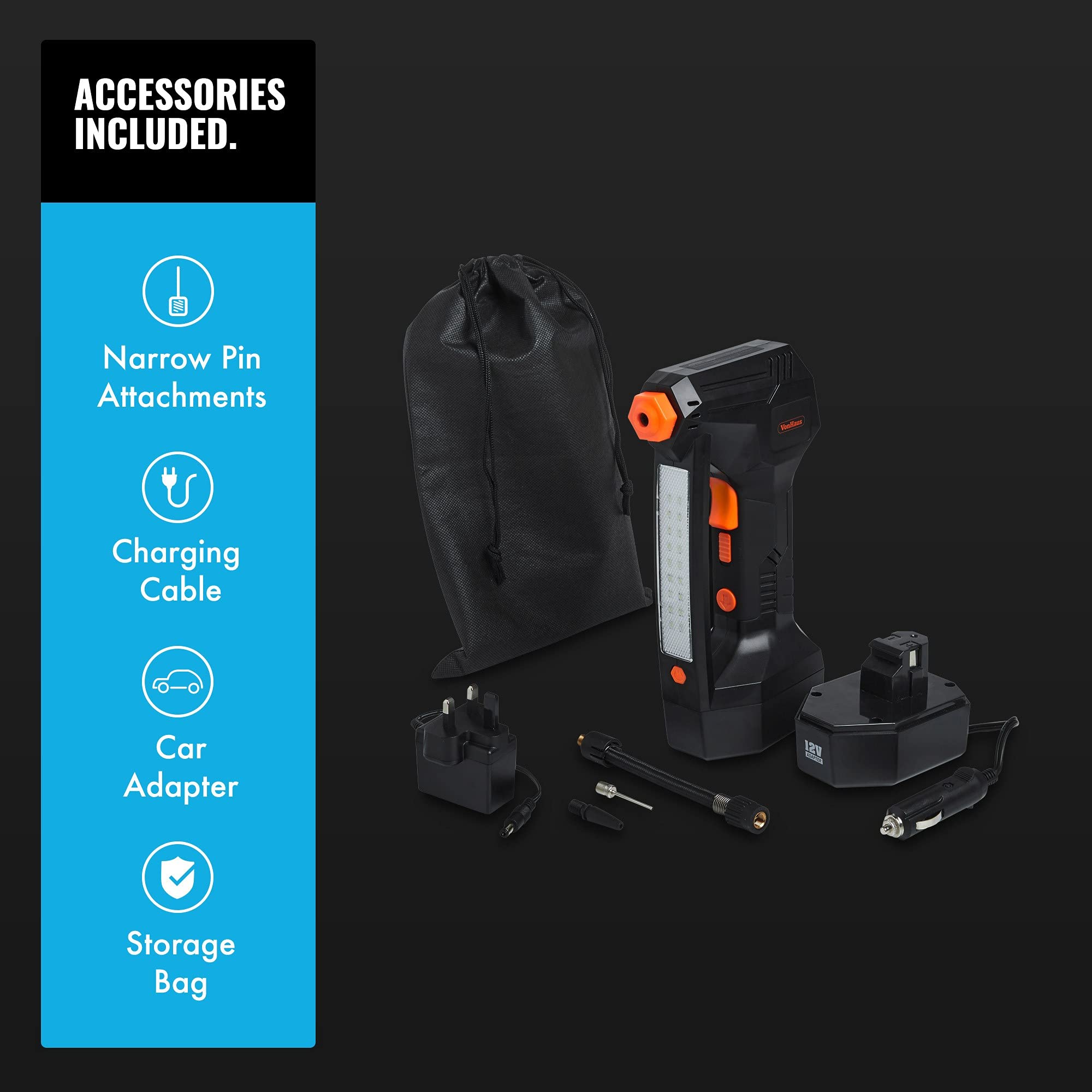 VonHaus 12v Cordless Tyre Inflator Digital Air Compressor, Electric