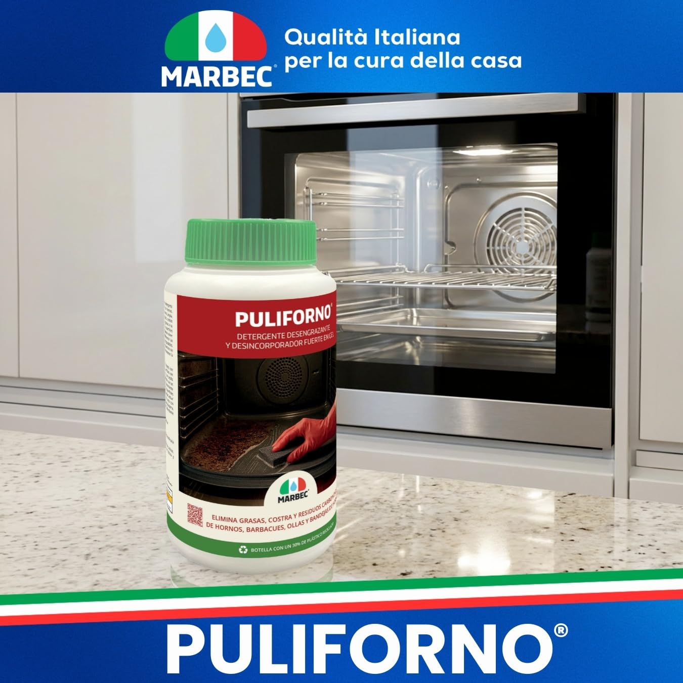 MARBEC PULIFORNO® 1KGX6Uds Gel detergente desincrustante para hornos y barbacoas, elimina grasa y costras negras, se adhiere a superficies verticales, sin disolventes.