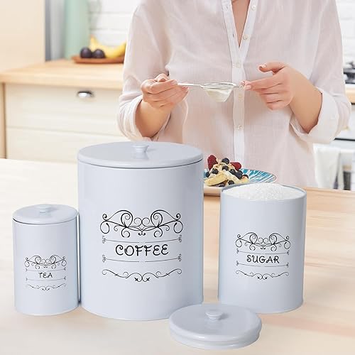 Miniatura 5 de GarveeHome Country White - Juego de 3 recipientes de metal rústico con tapas herméticas, recipientes de almacenamiento de cocina para café, azúcar,