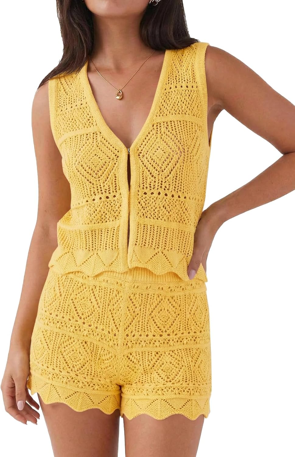 Tankaneo Womens 2 Piece Crochet Short Sets Summer V Neck Vest Tank Tops Cover Up Beach Mini Short Outfits Vacation Sets