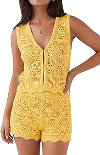 Tankaneo Womens 2 Piece Crochet Short Sets Summer V Neck Vest Tank Tops Cover Up Beach Mini Short Outfits Vacation Sets Price In India