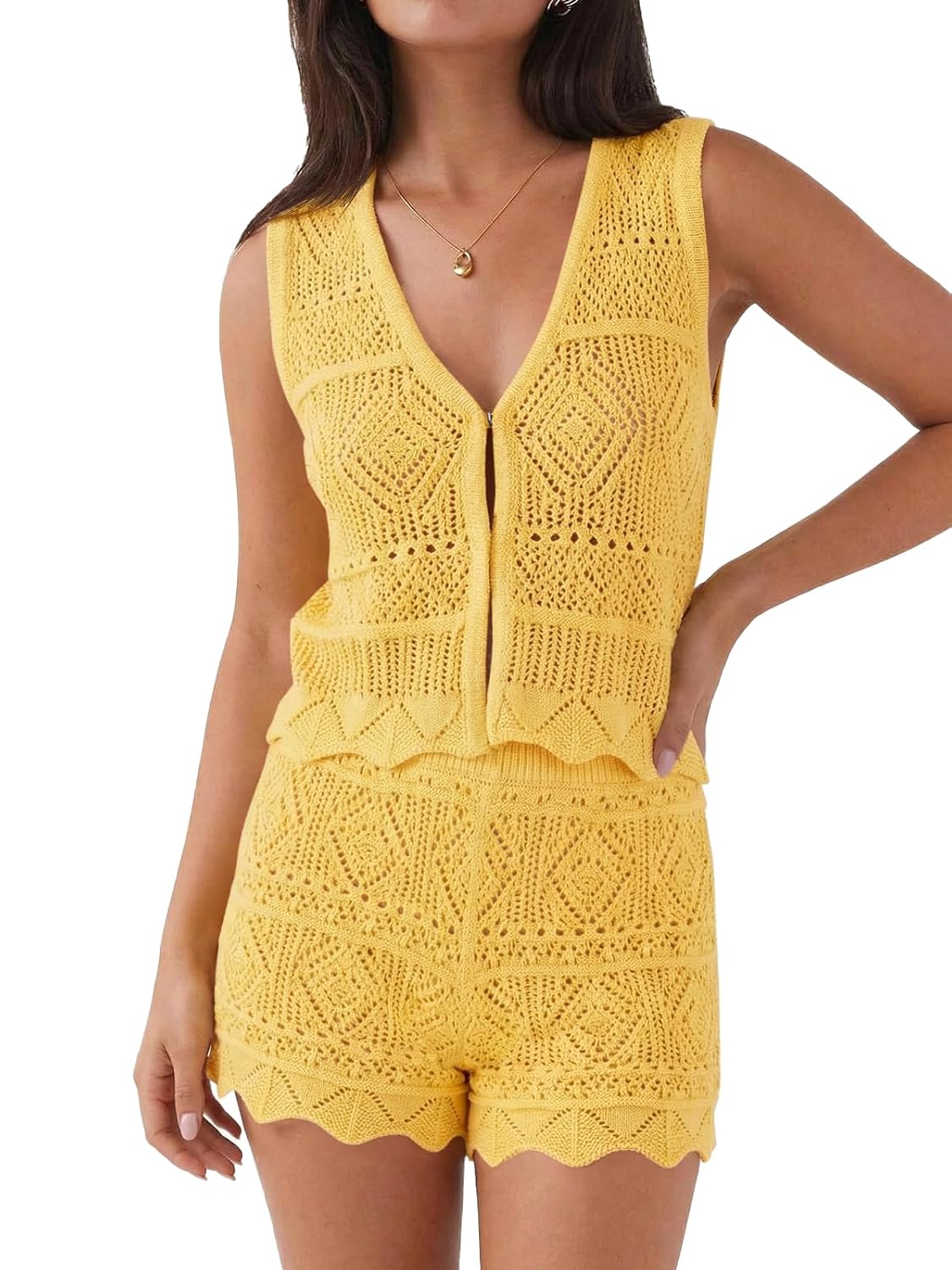 Tankaneo Womens 2 Piece Crochet Short Sets Summer V Neck Vest Tank Tops Cover Up Beach Mini Short Outfits Vacation Sets - Review, Price and Buying Guide
