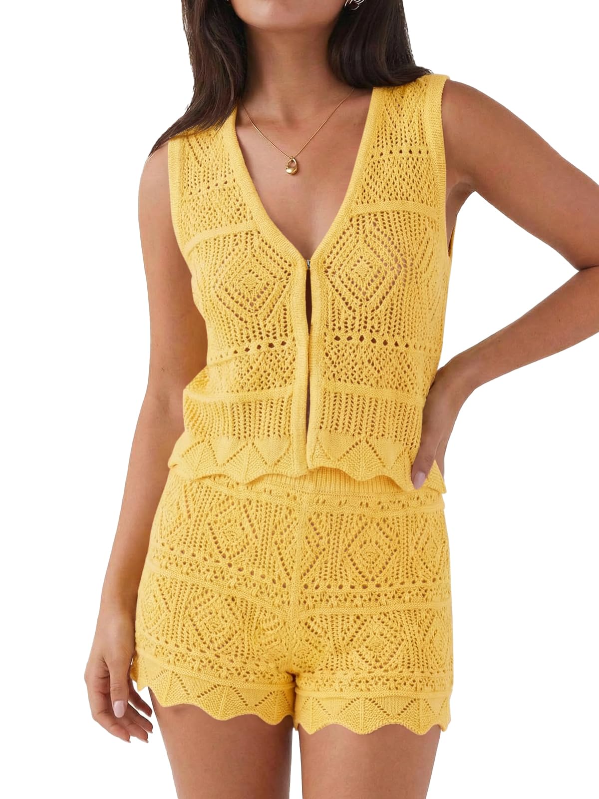 tankaneo Womens 2 Piece Crochet Short Sets Summer V Neck Vest Tank Tops Cover Up Beach Mini Short Outfits Vacation Sets-picture-21