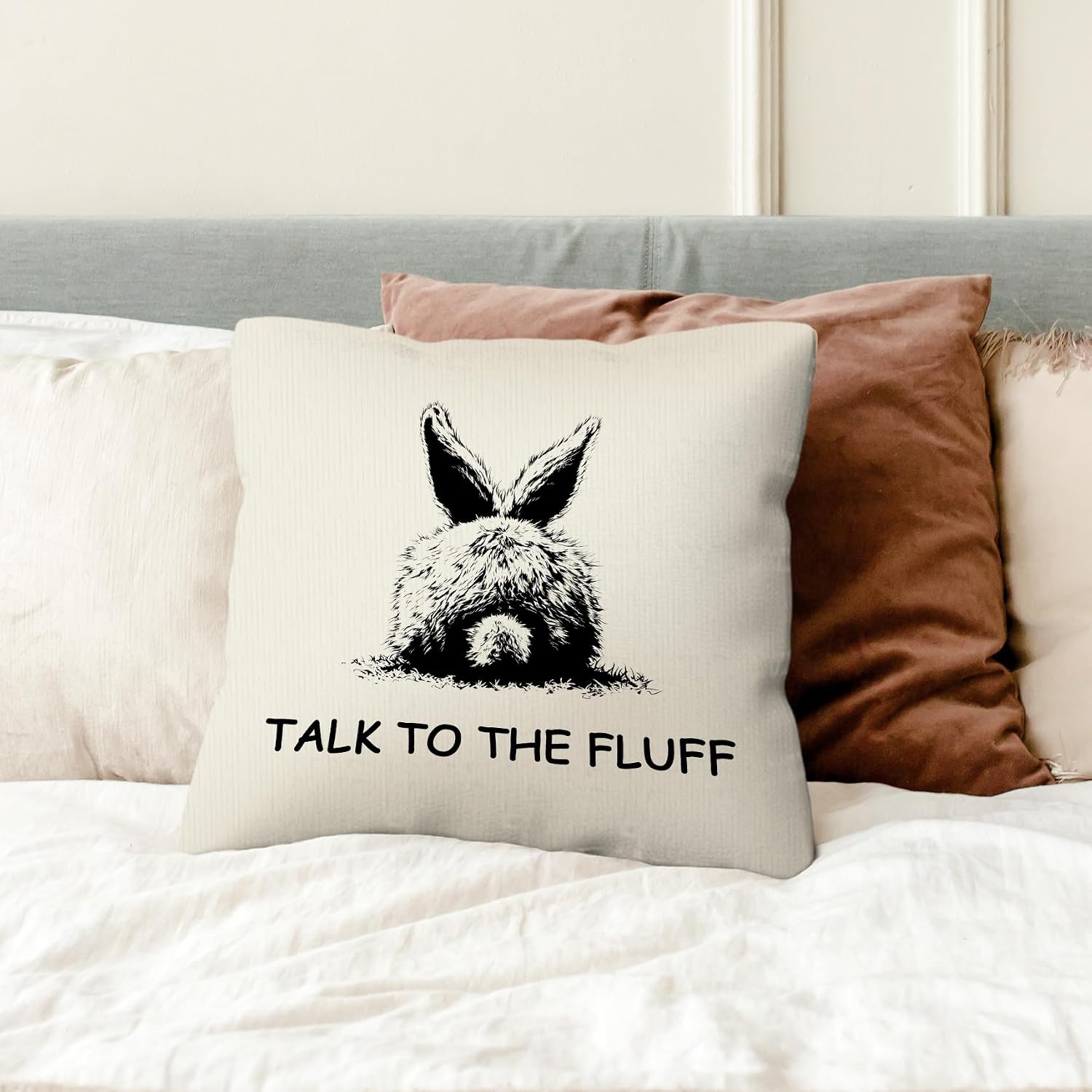 kdqua Funny Easter Bunny Pillow Cover 18x18, Rustic Farmhouse Bunny Decorations Throw Pillow Cover, Talk to The Fluff Neutral Rabbit Farm Animal Pillowcase Covers for Sofa Home Decor image 2