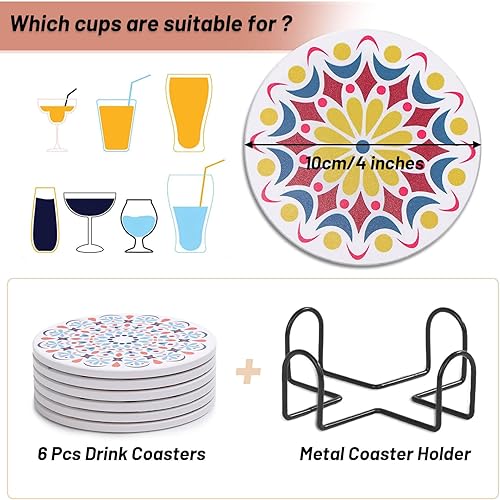 Vista 38 de Acejoz Posavasos con soporte, juego de 6, diseño de terrazo, cerámica, redondo, 4 pulgadas Patrón de terrazo