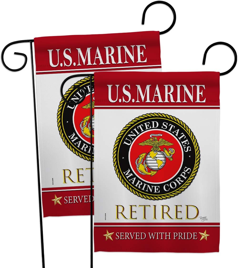 US Marine Retired Burlap Garden Flags 2pcs Pack Armed Forces Corps USMC Semper Fi United State American Military Veteran Retire Official Small Gift Yard House Banner Double-Sided 13 X 18.5