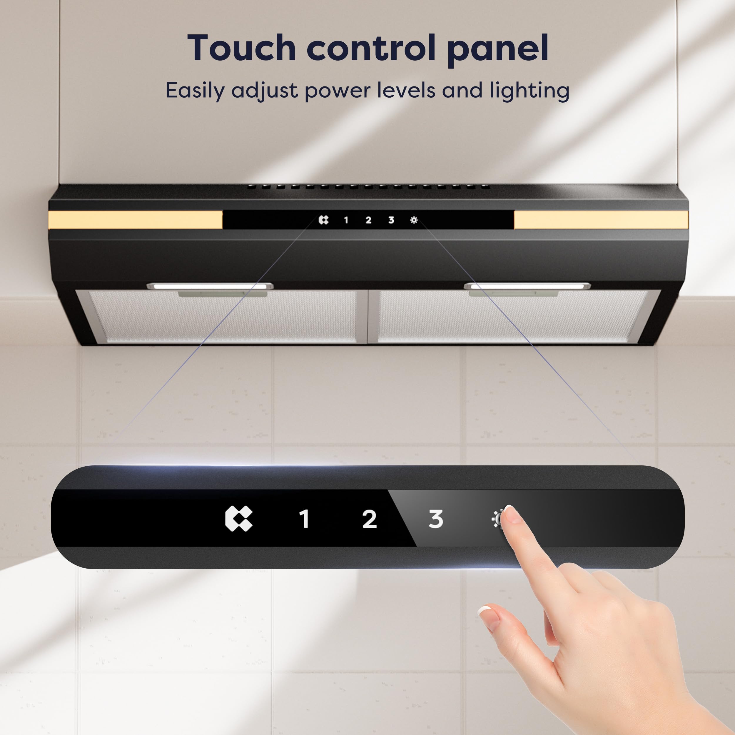 CIARRA CBCB6921 A+ okap kuchenny do zabudowy 60 cm termoobieg i wywiew czarny | Obsługa SensorTouch, wyświetlacz LCD z lampą sterowaną oddychaniem, zintegrowana szafka dolna CBCF011 filtr z węglem aktywnym