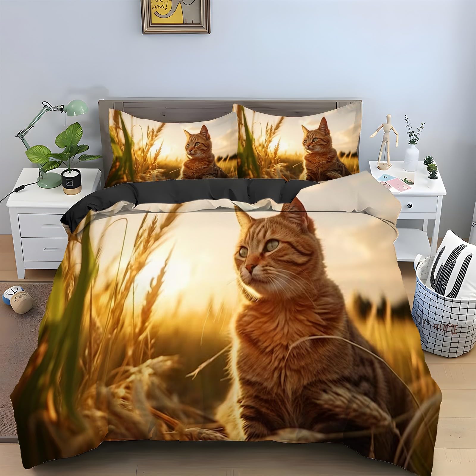 Parure de lit 2 personnes chat 240x260 cm avec housse de couette et taies