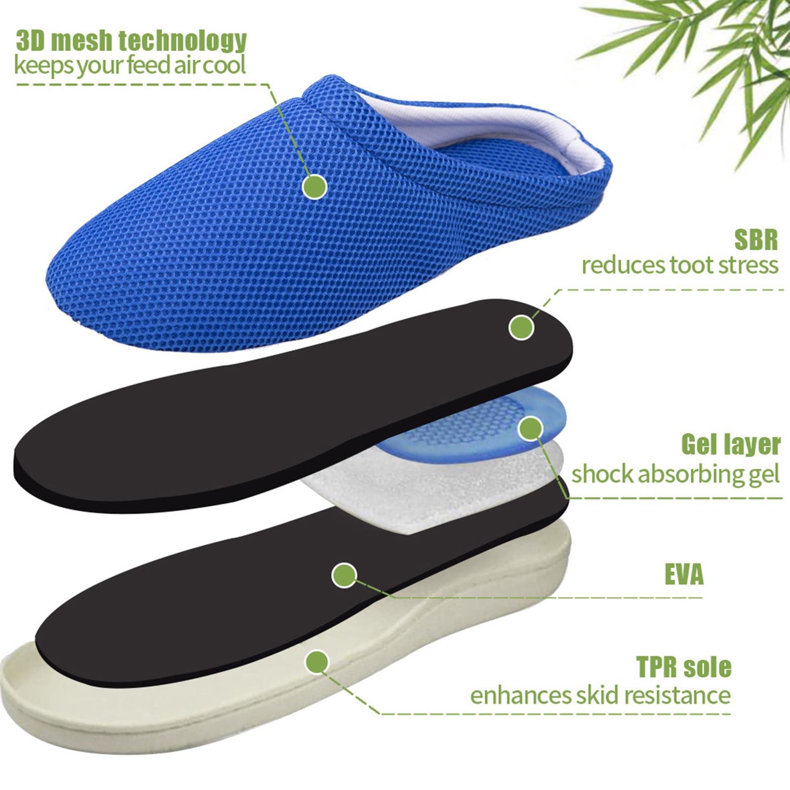 Zapatillas de casa de gel de bambú de malla 3D para mujer, zapatos planos de espuma viscoelástica para interior de mujer (Blue m)