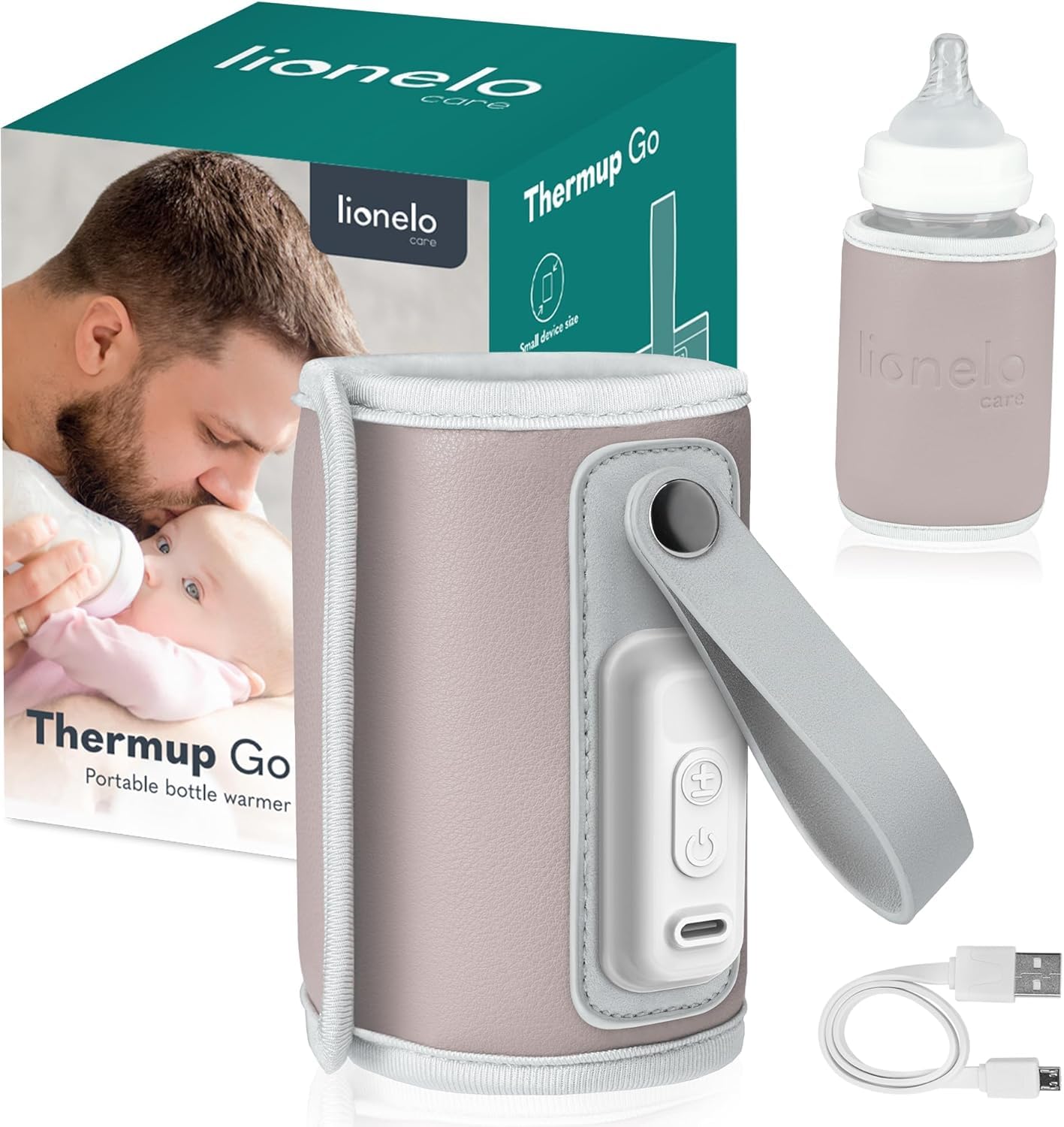 LIONELO Thermup Go Scaldabiberon portatile per mantenere la temperatura, Alimentato tramite il cavo USB Mantenere temperatura di latte e pappe neonato, Scaldabiberon auto, Senza BPA Piccolo e leggero