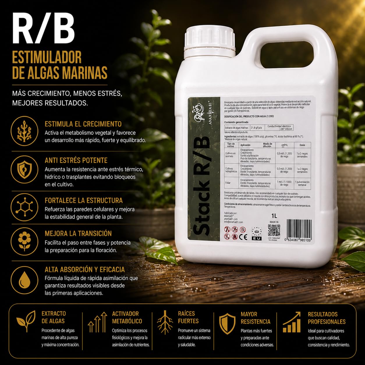 R B 3,8 L – Estimulador de Algas Marinas Fortificante Plantas Anti Estrés Crecimiento y Transición Fertilizante Líquido Cultivo Interior y Exterior - Anarkia81