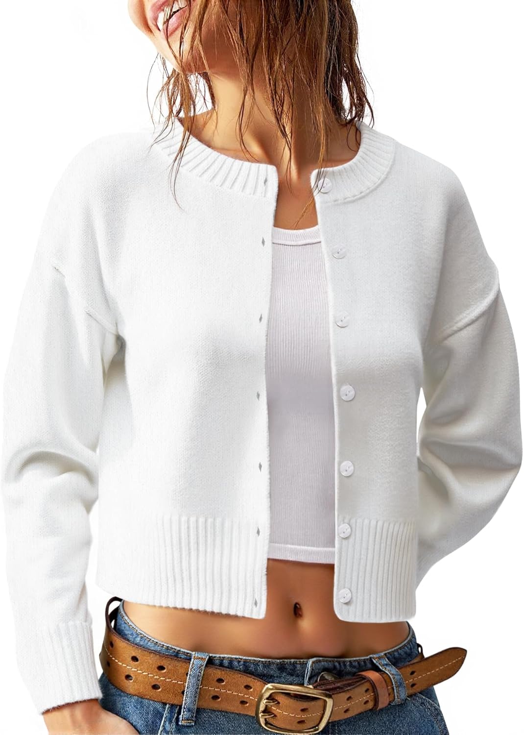 Women's Cropped Knit Cardigan Sweater – Button Down Long Sleeve Slim Fit Gray Fall Layering Top - Image 5