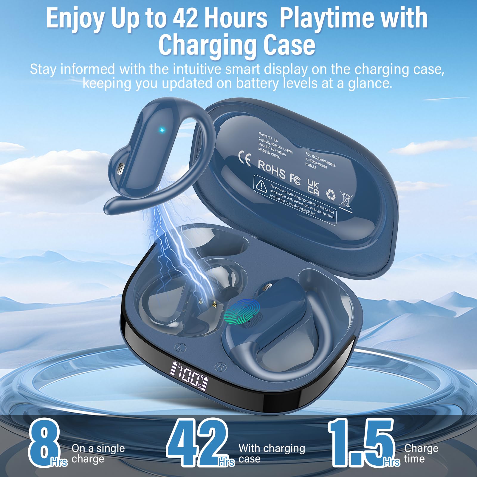 Ecouteurs Bluetooth sans Fil, Open-Ear Sport Écouteur Bluetooth 5.4 HiFi Stéréo, 42H Oreillette sans Fil avec ENC Mic et Écran LED, IPX7 Ecouteurs pour Course/Ciclismo, iOS Android, Bleu