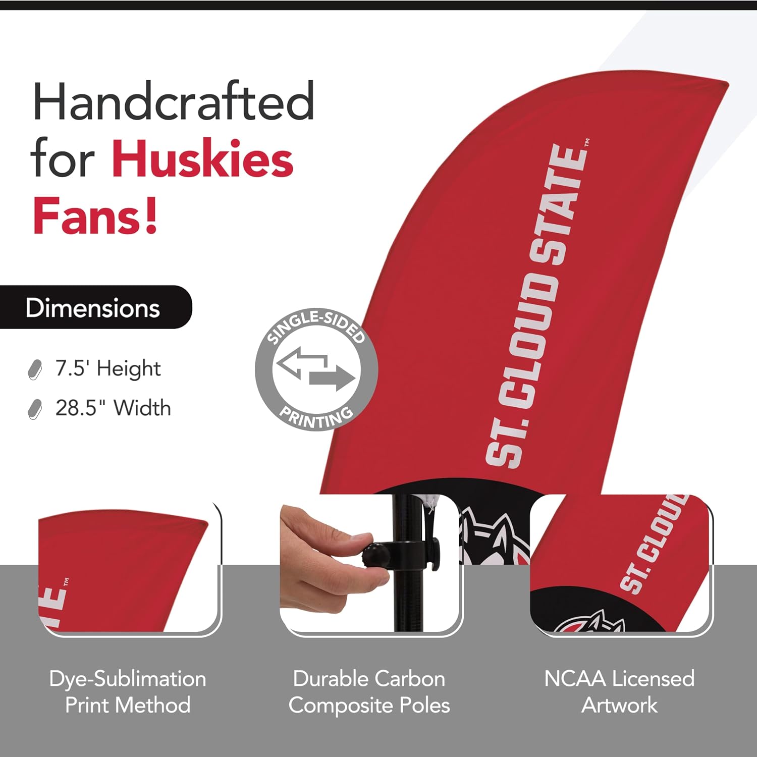St. Cloud State Huskies College Sports Printed Feather Flag - NCAA Licensed - Super Polyester - School Banner (Red, Black, White) (7.5' Cross Base)
