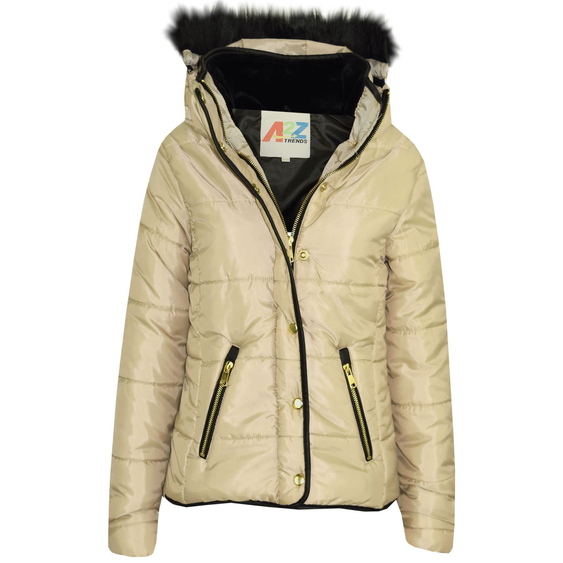 A2Z 4 Kids Girsl Padded Puffer Quilted Coat Faux Fur Collar Detachable Hood - Jacket Puffer 411 Stone 13.1