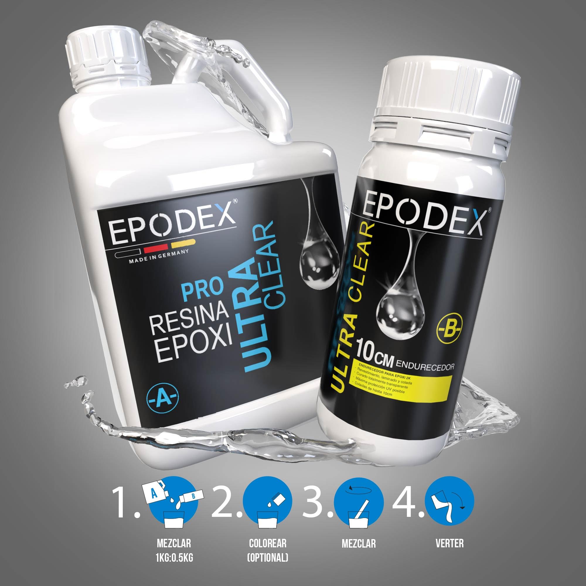 PRO MAX EPODEX Resina Epoxi hasta 10cm - SATIN GREY - Metallic, 15kg | Kit Resina Epoxi Transparente para mesas río, lámparas, piezas grandes moldeadas y más
