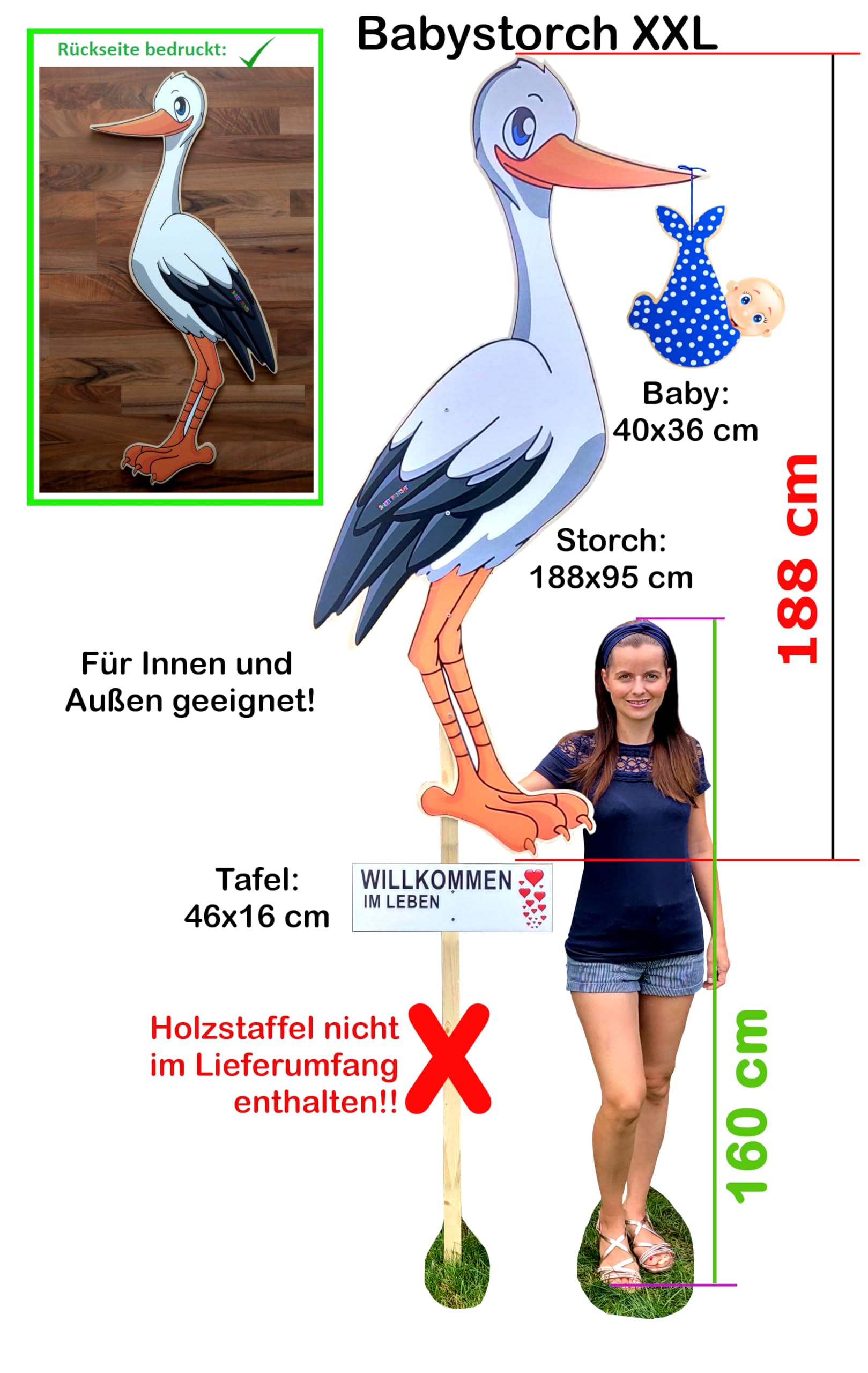 XXL SET 188 cm- Babystorch aus HOLZ für JUNGE Geburt (Druck: ZWEISEITIG*) | Inklusive Beschriftungstafel & Baby in BLAU, Klapperstorch zur Geburt, Holzstorch für draußen, Storch-Holz