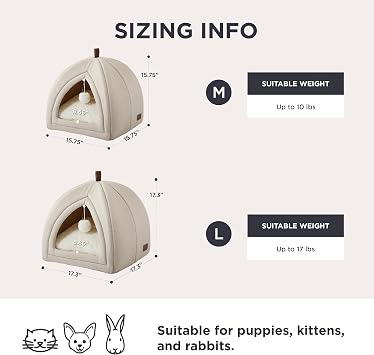 Bedsure 2in1 Cat Beds for Indoor Cats Cave for Kitten with Washable Pillow | 17.3in, Cat House for Small Dog, Covered Cat Tent, Foldable Hideaway, Fluffy Ball, Anti Slip Bottom,Removable Cushioned,Beige